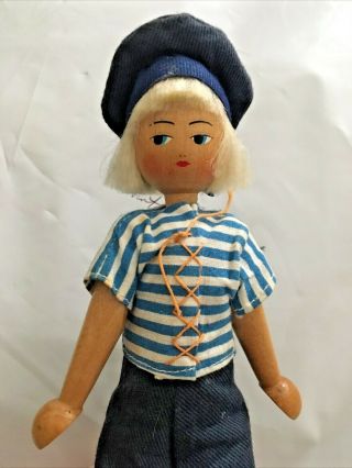 Vtg Wooden Polish Peg Doll - Made In Poland Nautical Sailor Painted Face