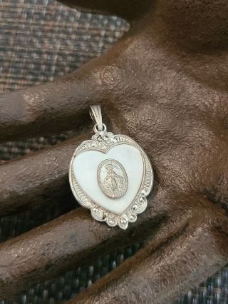 Vintage Sterling Silver Mop Mary Pray For Us Heart Pendant Catholic Rare