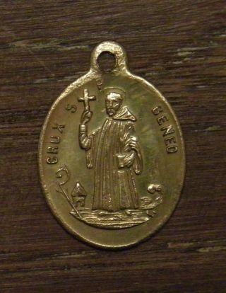 Antique Religious Bronze Medal Pendant Saint Benedictus The Cross Blessing