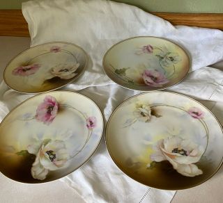 4 Antique Prussia Royal Rudolstadt Salad Plates 8 1/2” Poppies Hand - Painted Gold