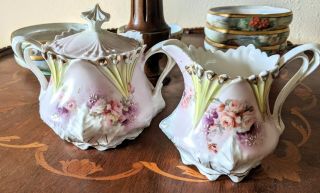 Antique Rs Prussia Hand Painted Sugar And Creamer Floral