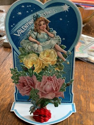 Antique Victorian Valentine Card Fold - Out 3d Girl Roses Made In Germany