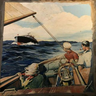 Rare Antique Signed Illustration Art Painting People In Boat 30s