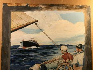 Rare Antique Signed Illustration Art Painting People in Boat 30s 2