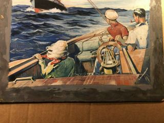Rare Antique Signed Illustration Art Painting People in Boat 30s 3