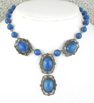 1930s - Rare Art Deco Blue Peking Glass Beads & Cabochons Necklace