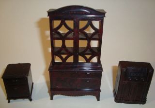 Vintage 1950s Ideal Toy Dollhouse Furniture Nightstand - Radio - China Cabinet