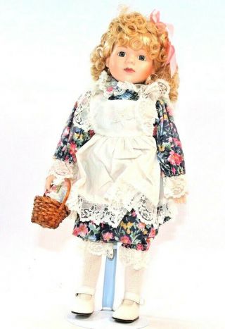 16 " Porcelain Doll Vintage Collectible Girl With Basket Of Flowers On Stand