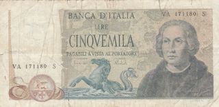 5000 Lire Vg Banknote From Italy 1973 Pick - 102 Rare