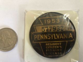 Vintage 1953 Pennsylvania Fishing License Button Pin