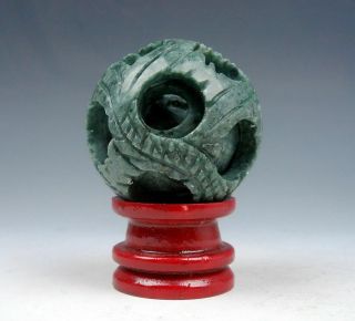 Jade Stone Hand Carved 3 - Layers Dragon Balls Sphere W/ Stand 06071909