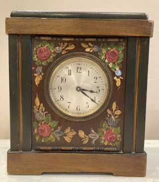 Antique German Hand Painted Wood Tabletop Clock |box Needs Repair|