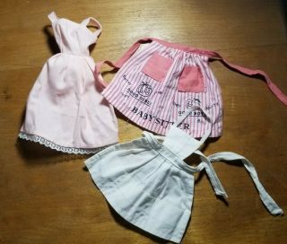 Vintage Barbie Apron Set - " Barbie - B - Q " And " Barbie Baby - Sits " - With Pink Dress