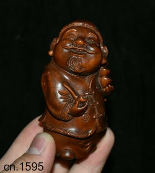 Collect Chinese Boxwood Wood Carved Mammon God Yuanbao Rich Landlord Man Statue