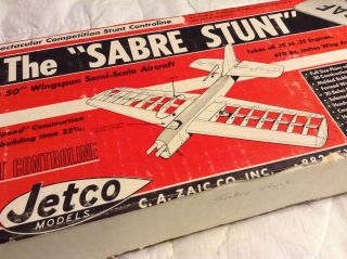 Vtg Rare Jetco Sabre Stunt Model Airplane Kit Balsa Control Line Plane
