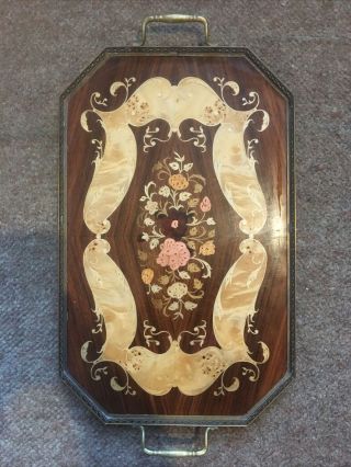 Vintage Sorento Inlaid Marquetry Tray With Brass Rim And Handles Italian Serving