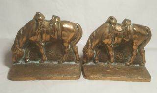 Antique Heavy Bronze Saddled Horse Pair Bookends Door Stop Western Americana