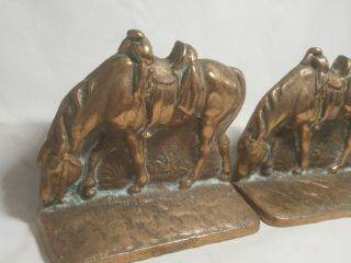 Antique Heavy Bronze Saddled Horse Pair Bookends Door Stop Western Americana 2