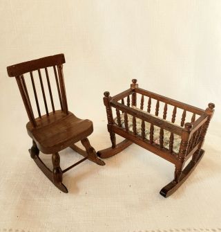 Dollhouse Miniature 1:12 Vintage Rocking Chair And Cradle