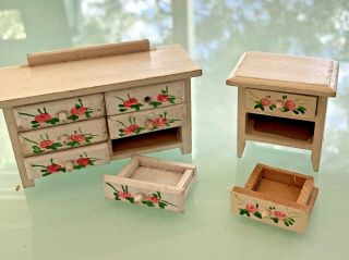Vintage Hand Painted Wooden Dollhouse Furniture Dresser Chest Table Chair