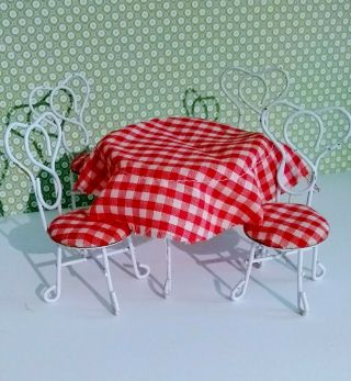 Vintage Dollhouse Furniture Bistro Cafe Metal Table & Chairs Checks 1:12 Garden