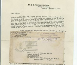 Rare 1937 Uss Marblehead Tsingtao China Cover Sailors Mail Collect On Delivery