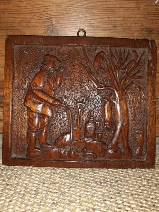 Hand Carved Wooden Wall Plaque/picture Of Old Man,  Wildlife & Tree