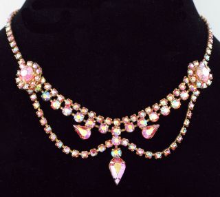 1950s - Rare Vintage Pink Aurora Borealis Rhinestones Necklace