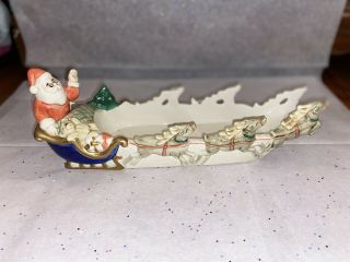Vintage Fitz And Floyd Christmas Candy Bowl Dish Santa’s Deer Cart Rare To See