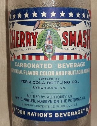 Rare Pepsi Cola Cherry Smash Bottle Lynchburg Va.  Fowlers Clover On Base Rare
