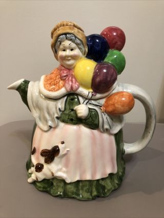 Rare Vintage Takahashi San Francisco Hand Painted Old Woman W/ Balloons Teapot