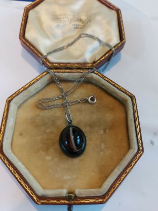 Victorian Antique Whitby Jet Banded Agate Pendant Necklace