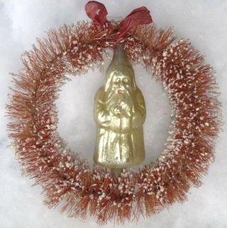 Antique Glass Santa Ornament In Bottle Brush Wreath Ornament 4 1/2 "