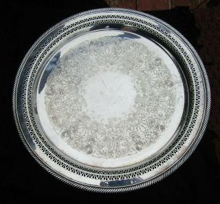 Vintage Wm Rogers 15 " Round Silver Plate Filigree & Etched Serving Platter 172