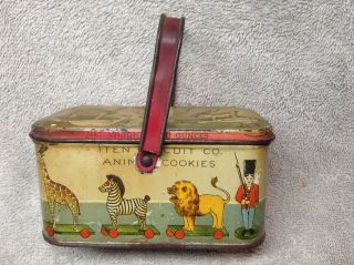 Vintage Iten Biscuit Co.  Animal Cookies Tin W/hinged Lid & Handle - Rare Item