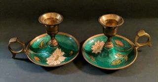 Vtg Cloisonne Green Enamel Brass Candlestick Holders W/ Flower Motif Set Of 2