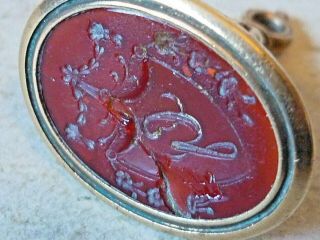 Antique Victorian Glass & Brass Armorial Crest Intaglio Wax Seal Watch Fob