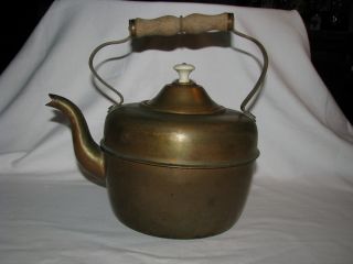 Antique Copper & Brass Tea Kettle W/porcelain Knob & Wooden Handle