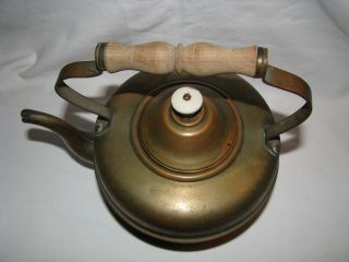 Antique Copper & Brass Tea Kettle W/Porcelain Knob & Wooden Handle 2
