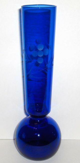 Vtg Cobalt Blue Wheel Cut Glass Bud Vase Abstract Flower & Leaf Design -