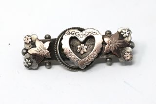 A Lovely Antique Victorian Sterling Silver 925 & Gold Heart Bar Brooch 24593 2