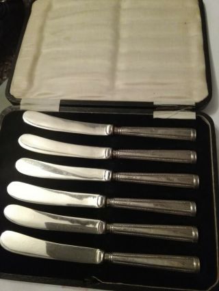 Set Of Six Antique Boxed Solid Sterling Silver Handled Tea Butter Knives H,  F&co