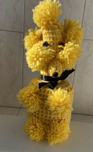 Vintage Toilet Paper Cover Crochet Yellow Handmade Dog Poodle Ribbon Collar