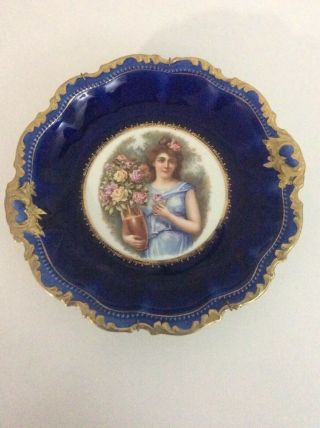 Antique Empire China Cobalt Blue & Gold Gilt Plate (lady With Flowers)