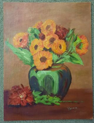 Vtg Oil Painting Still Life Vase Of Flowers On Fredrix Canvas 12x16 Signed Donna