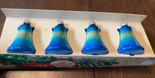 Rare Christmas Vintage Box 4 Shiny Brite Ornament Mercury Glass Gold Blue Bells