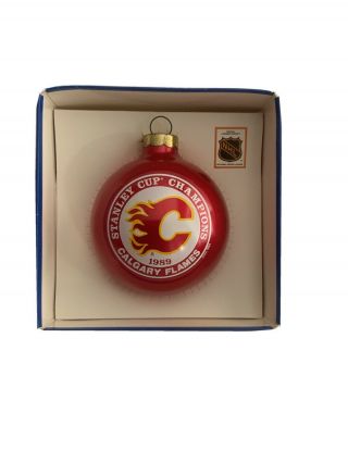 1989 Vintage Calgary Flames Stanley Cup Chapions Glass Christmas Ornament Rare