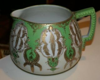 Antique Japanese Hand Painted Gold Embellished Green Large Pitcher Wide Mouth
