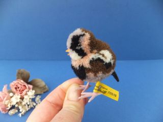 Vintage German Steiff Wool Pom Pom Toy Finch Bird,  Silver Button Tag Miniature