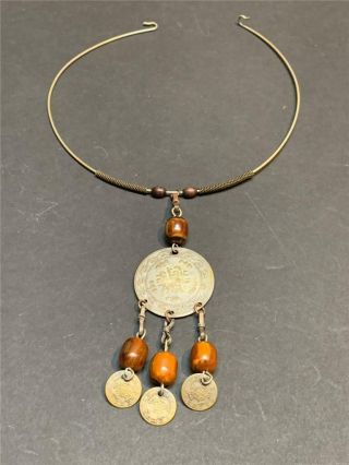 Antique Morocco North African Silver Coin And Amber Torque Necklace